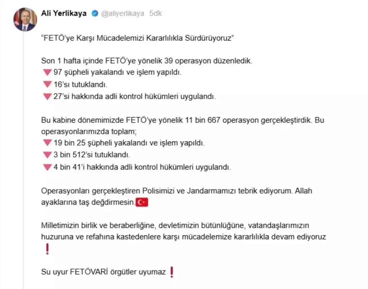 İçişleri Bakanı Yerlikaya: FETÖ'ye Yönelik 39 Operasyon Düzenlendi