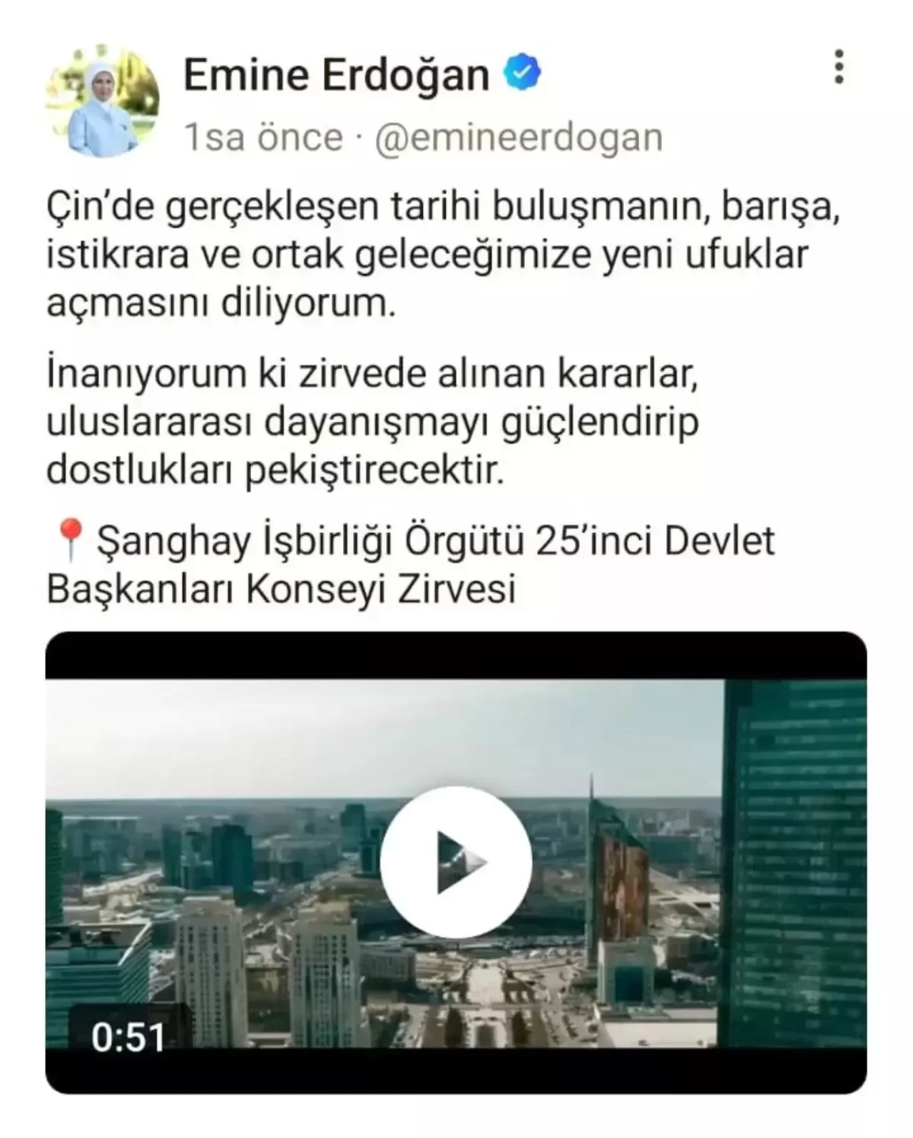 Emine Erdoğan, Çin'deki Şanghay İşbirliği Zirvesi'ne Dair Video Paylaştı