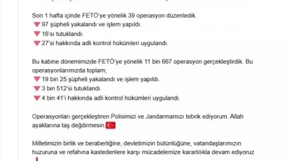 İçişleri Bakanı Yerlikaya: FETÖ'ye Yönelik 39 Operasyon Düzenlendi